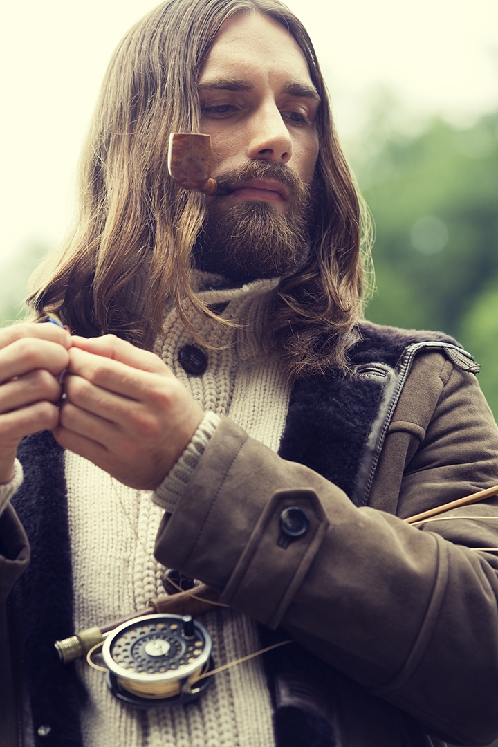 Nicola Vallotto fashion photography milan DT magazine man beard fishing fly forest outdoor location