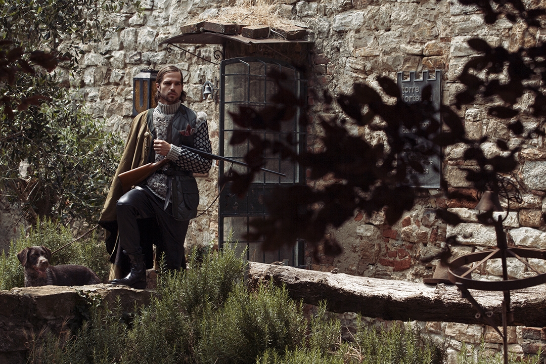 Nicola Vallotto fashion photography milan man editorial mensfashion playboy russia stylish medieval tower location outdoor hunting dog